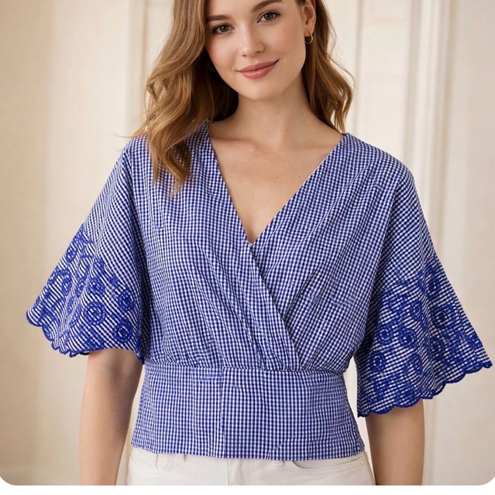 Grifflin Paris Faux Wrap Cropped Top Medium Navy Blue Gingham Check